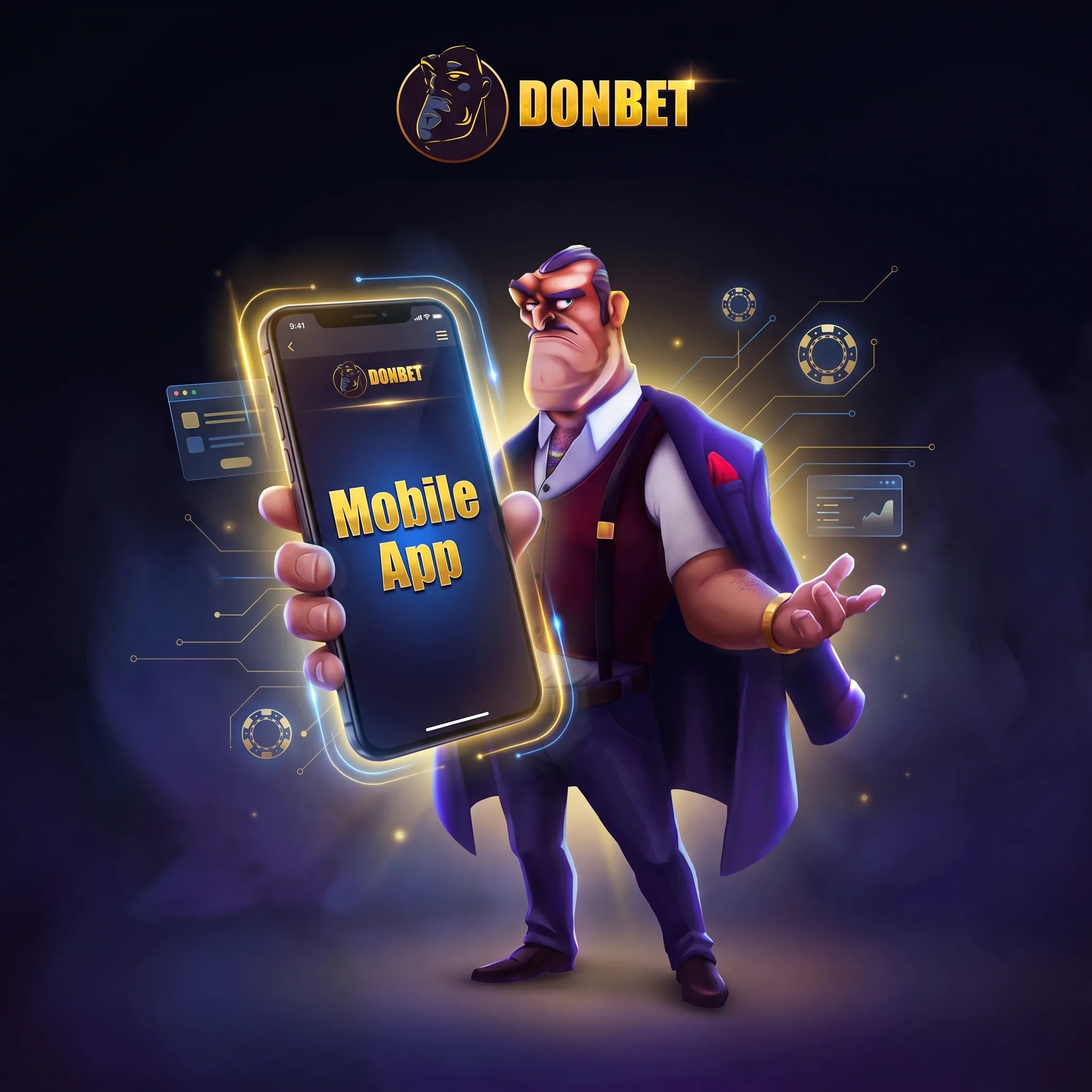 Postać Donbet z telefonem i logo marki
